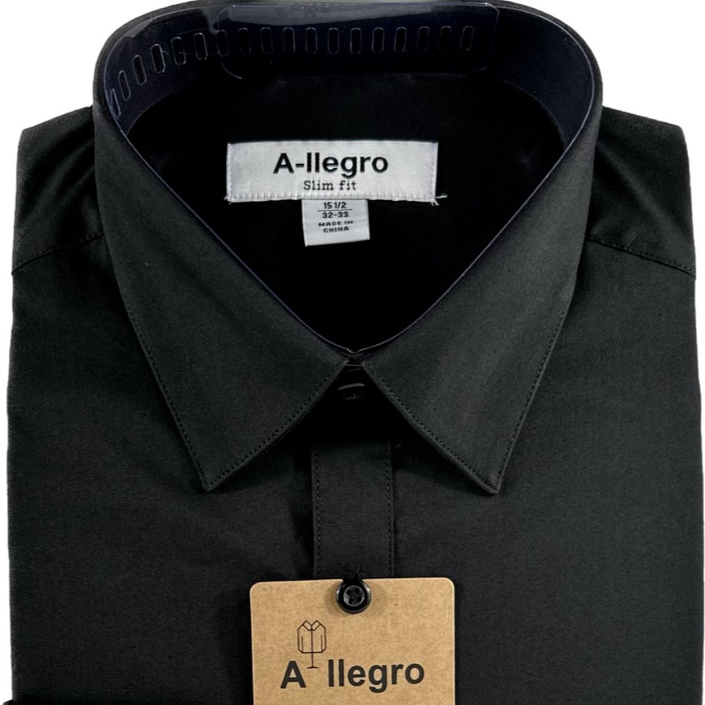 A-llegro Men's Dress Shirt Black Convertible Cuff Slim Fit Sizes 14.5 - 18.5